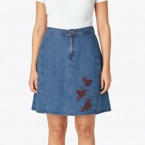 CJ Banks Plus Size 24W Denim A Line Denim Skirt Embroidered Burgundy Floral